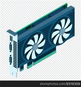 3d isometric video graphic card. Isometric of device graphic card. Personal computer hardware component. Vector illustration