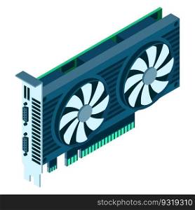 3d isometric video graphic card. Isometric of device graphic card. Personal computer hardware component. Vector illustration
