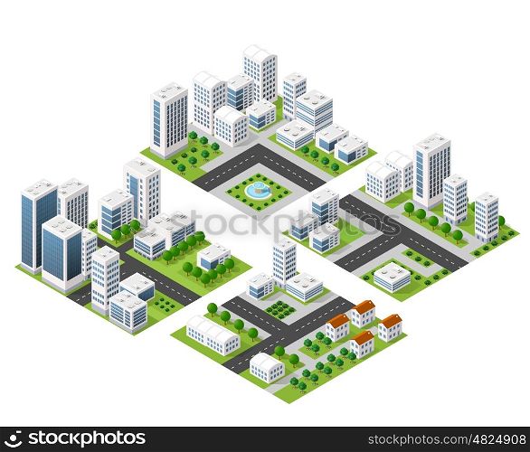 3D kit metropolis of skyscrapers, houses, gardens and streets in a three-dimensional isometric view