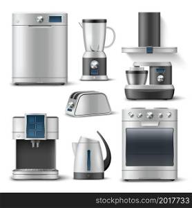 3D kitchen appliances. Realistic household equipment. Steel home electronics. Isolated dishwasher and washing machine. Electric kettle and silver cooker with hood. Vector food preparing technics set. 3D kitchen appliances. Realistic household equipment. Steel home electronics. Dishwasher and washing machine. Electric kettle and cooker with hood. Vector food preparing technics set