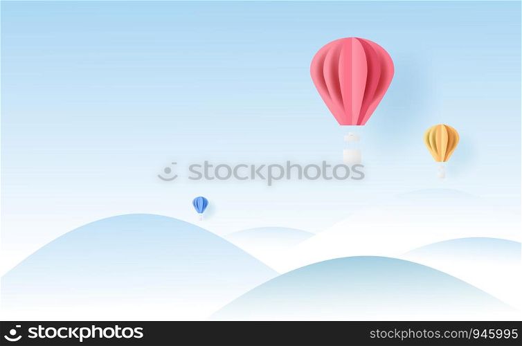 3D landscape balloons fly air on holidays blue sky background with winter snowflakes season forest.Creative minimal paper cut and craft style.Christmas and happy new year.vector illustration EPS10
