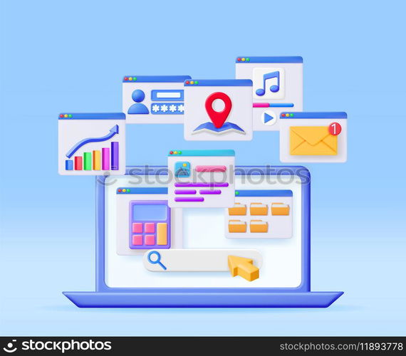 3D Laptop Application Windows Interface Isolated. Render Computer Software User Interface. UI Search, Music, Browser, Financial Calculator, File Manager Mail Notification Windows. Vector Illustration. 3D Laptop Application Windows Interface