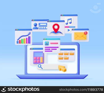 3D Laptop Application Windows Interface Isolated. Render Computer Software User Interface. UI Search, Music, Browser, Financial Calculator, File Manager Mail Notification Windows. Vector Illustration. 3D Laptop Application Windows Interface