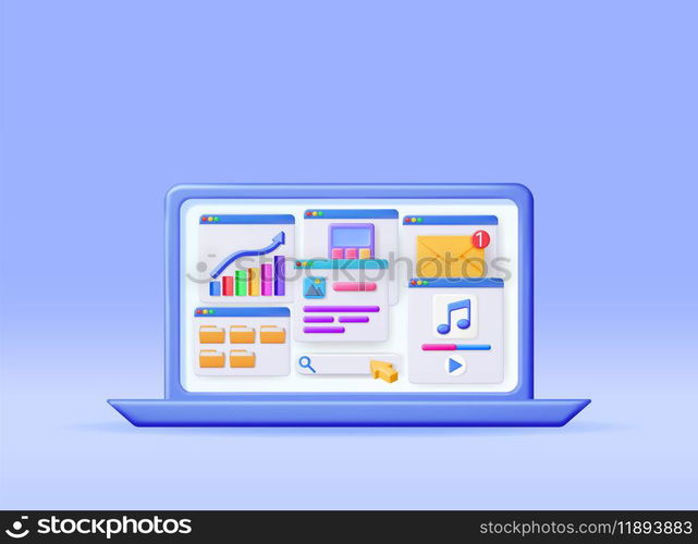 3D Laptop Application Windows Interface Isolated. Render Computer Software User Interface. UI Search, Music, Browser, Financial Calculator, File Manager Mail Notification Windows. Vector Illustration. 3D Laptop Application Windows Interface