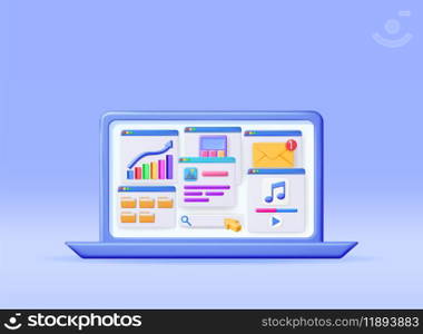 3D Laptop Application Windows Interface Isolated. Render Computer Software User Interface. UI Search, Music, Browser, Financial Calculator, File Manager Mail Notification Windows. Vector Illustration. 3D Laptop Application Windows Interface