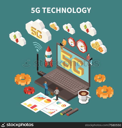 3d laptop with 5g internet technology isometric composition vector illustration