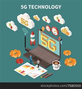 3d laptop with 5g internet technology isometric composition vector illustration