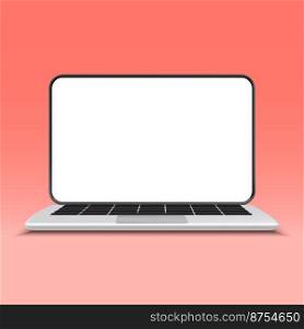 3D laptop with empty white screen for mockup concept. Showcase display minimal scene with computer. Monitor front view isolated on pastel pink background. Vector illustration