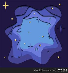 3d layer illustration of a night with stars cut out of paper. Weather landscape. Vector template for cards, banners and your design.. 3d layer illustration of a night with stars cut out of paper. Weather landscape. Vector template