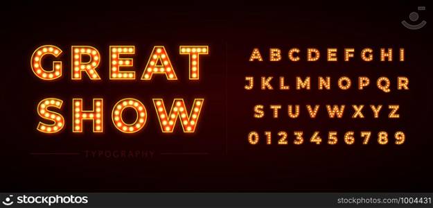 3d light bulb alphabet with red frame isolated on dark red background. Broadway show style retro glowing font. Vector illustration.. 3d light bulb alphabet with gold frame isolated on dark red background.
