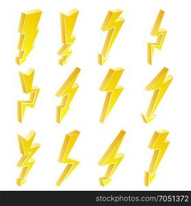 3D Lightning Icons Vector Set. Cartoon Yellow Lightning Isolated Illustration. Danger, Energy Icon. Lightning Bolt.. 3D Lightning Icons Vector Set. Cartoon Yellow Lightning Isolated Illustration. lightning Symbol. Electrical Sign.