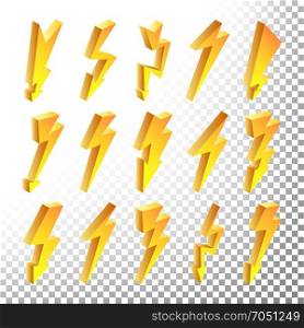 3D Lightning Icons Vector Set. Cartoon Yellow Lightning Isolated Illustration. Flash Pictograms. Lightning Bolt Icons. Lightning Sign Vector Set. Cartoon Golden 3D Lightning Isolated Illustration. Flash Of lightning. Thunder Bolt Symbols.