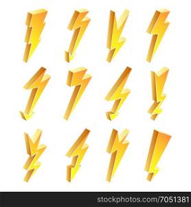 3D Lightning Icons Vector Set. Cartoon Yellow Lightning Isolated Illustration. lightning Symbol. Electrical Sign.. 3D Lightning Icons Vector Set. Cartoon Yellow Lightning Isolated Illustration. Flash Pictograms. Lightning Bolt Icons