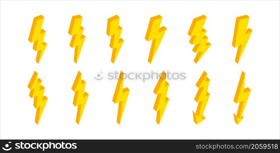 3d lightning. Isometric lightning icons. Flash of energy with thunder. Bolt and thunderbolt. Electric power of lightening in storm. Elements for fast, charge, battery and danger. Vector.