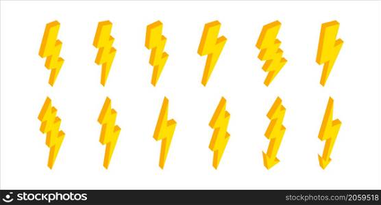 3d lightning. Isometric lightning icons. Flash of energy with thunder. Bolt and thunderbolt. Electric power of lightening in storm. Elements for fast, charge, battery and danger. Vector.