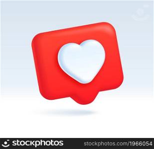 3d like icon, red speech bubble with heart symbol. Social media post notification, online communication chat element vector illustration. Sign for networking sites or mobile application
