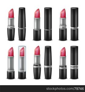 3D Lipstick Set Vector. Black And Silver Tubes. For Woman Lips Make Up. Isolated Illustration. 3D Lipstick Set Vector. Black And Silver Tubes. For Woman Lips Make Up. Isolated