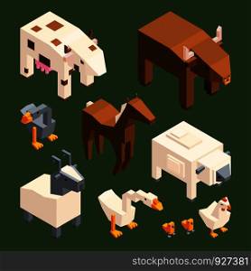 3D low poly animals. Vector isometric farm animals isolate. Illustration of bull and goose, goat and chicken. 3D low poly animals. Vector isometric farm animals isolate