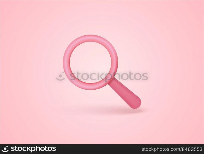 3D magnifying glassr on light pink pastel. Business planning and finance concept. Minimal cartoon icon. Vector illustration