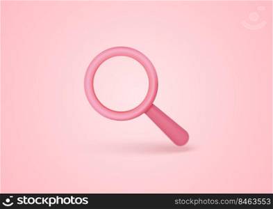 3D magnifying glassr on light pink pastel. Business planning and finance concept. Minimal cartoon icon. Vector illustration