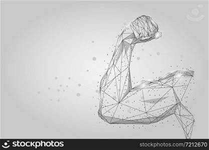 3D male hand muscles connected dots low poly wireframe. Polygonal physical strength, bodybuilder, athlete body mesh art vector illustration. Human power