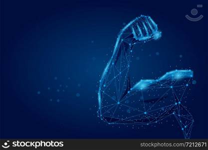 3D male hand muscles connected dots low poly wireframe. Polygonal physical strength, bodybuilder, athlete body mesh art vector illustration. Human power