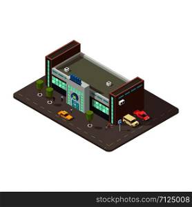 3D mall or shopping center with people, taxi and parking with cars vector illustration. Mall 3d and business shop isometric. 3D mall or shopping center with people, taxi and parking with cars vector illustration