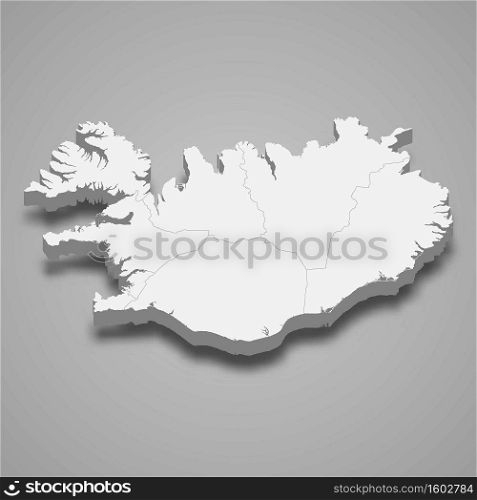 3d map of Iceland with borders of regions. 3d map with borders Template for your design
