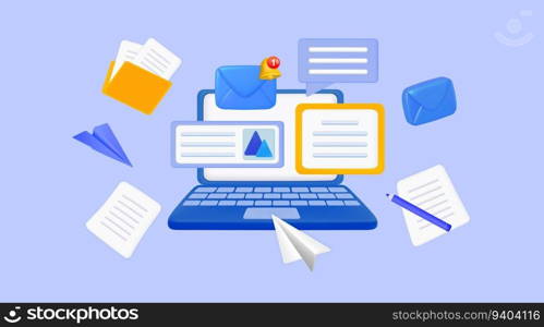 3D marketing mail. Realistic desktop. Business newsletter. Email message. Digital document computer app. Laptop and paper airplanes. Letter envelopes. Notice bell. Vector neoteric illustration icons. 3D marketing mail. Realistic desktop. Business newsletter. Email message. Digital document app. Laptop and paper airplanes. Letter envelopes. Notice bell. Vector neoteric illustration