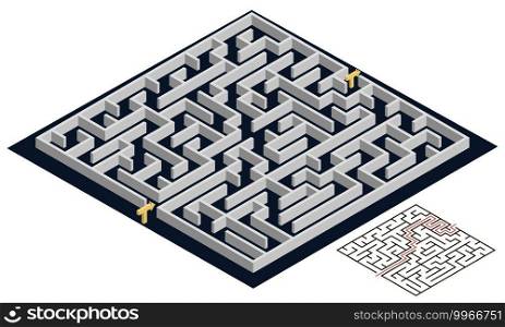3d Maze, isometric view. Labyrinth puzzle or escape game design with solution. Vector illustration