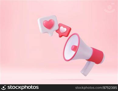 3d megaphone, loudspeaker and speech bubble with hearts. Happy Valentine s Day. Love time concept, 3D Rendering. Vector illustration. 3d megaphone, loudspeaker with hearts