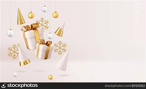 3d Merry Christmas and Happy New Year. Background Xmas design of realistic gifts box. 3d rendering. Vector illustration. 3d christmas design,
