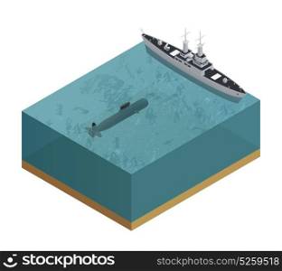 3d Military Boats Composition. Isometric 3d military boats composition with cut piece of sea with a submarine and a boat vector illustration