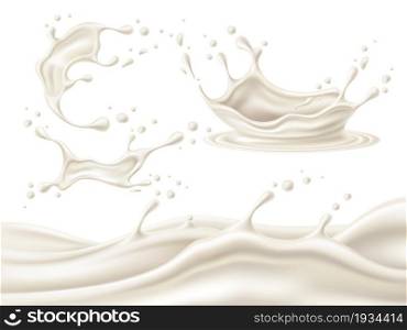 3D milk splashes. Realistic white creamy liquid flow and crowns with different shapes drops. Isolated healthy natural drinks splatter or border. Yoghurt wave mockup. Vector dairy product elements set. 3D milk splashes. Realistic white creamy liquid flow and crowns with different shapes drops. Healthy natural drinks splatter or border. Yoghurt wave. Vector dairy product elements set