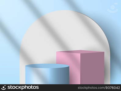 3D minimal scene background blue cylinder and pink cube, white circle backdrop with shadow. You can use for display show cosmetic product, showcase, shop front. Vector illustration