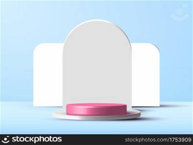 3D minimal scene cylinder podium in soft blue background with rounded rectangle backdrop. Display show cosmetic product, showcase, shop front. Vector illustration