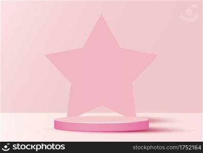 3D minimal scene cylinder podium in soft pink background with star shape backdrop. Display show cosmetic product, showcase, shop front. Vector illustration