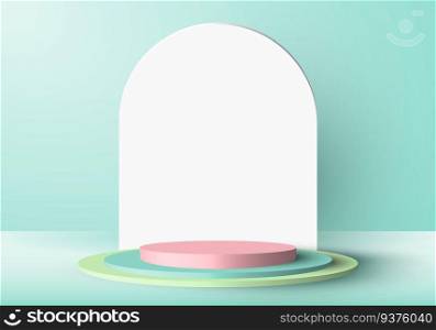 3D minimal scene green and pink cylinder podium in green mint background with rounded rectangle backdrop. Display show cosmetic product, showcase, shop front. Vector illustration