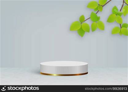 3d minimal scene with podium and leaves, Cosmetic product presentation mockup background. 3d minimal scene with podium and leaves for your design