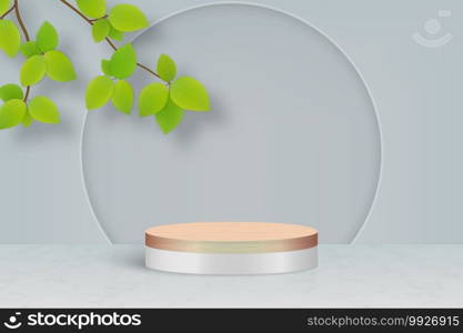 3d minimal scene with podium and leaves, Cosmetic product presentation mockup background. 3d minimal scene with podium and leaves for your design