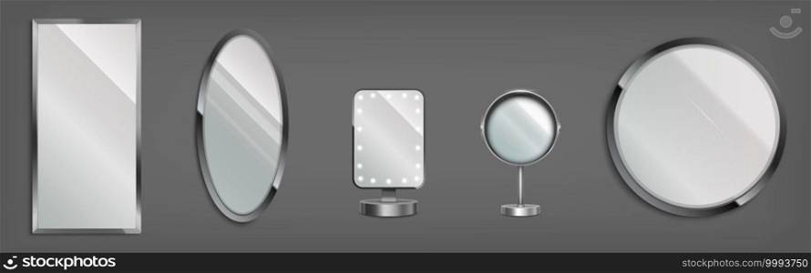 3d mirrors, make up table and wall decorative glasses in round, oval and rectangular frames. Makeup or interior furniture reflecting glass surfaces. Realistic vector templates, isolated icons set. 3d mirrors, make up table and decorative glasses