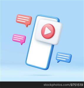 3d Mobile icon playing video, wireless media connection. social media with live streaming on mobile phone. 3d rendering. Vector illustration. 3d Mobile icon playing video,