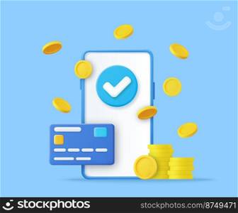 3d mobile payment, Online Card Payment, digital Cashback concept. 3d rendering. Vector illustration. 3d mobile payment,