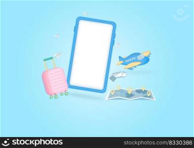 3d mobile phone and buy travel online. Planning world tour with pin location suitcase of travel . touring holiday summer concept. vector illustration.  