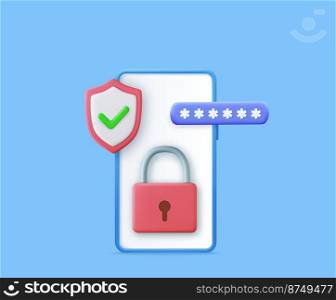 3d Mobile phone protection system. Smartphone security concept. Banner with phone, padlock, passcode and shield. Account safety and security concept. 3d rendering. Vector illustration. 3d Mobile phone protection system.