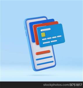 3D mobile phone with credit card and money financial security for online shopping. online payment secure with credit card. 3D rendering. Vector illustration. 3D mobile phone with credit card