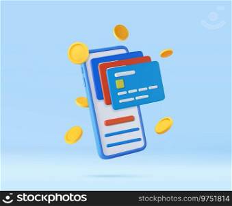 3D mobile phone with credit card and money financial security for online shopping with coin. online payment secure with credit card. 3D rendering. Vector illustration. 3D mobile phone with credit card