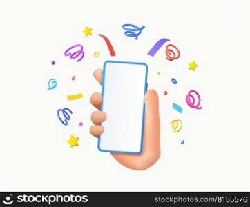 3d Mobile smart phone with celebratory confetti flying around. Winner concept. 3d rendering. Vector illustration. 3d Mobile smart phone with celebratory confetti flying around. Winner concept.