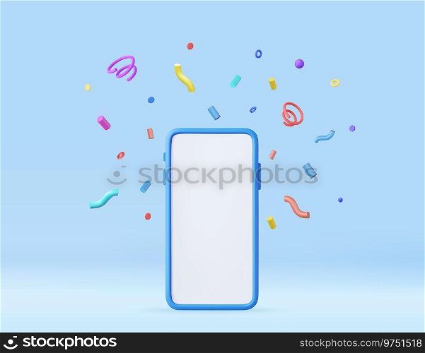 3d Mobile smart phone with celebratory confetti flying around. Winner concept. 3d rendering. Vector illustration. 3d Mobile smart phone with celebratory confetti