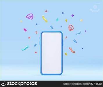 3d Mobile smart phone with celebratory confetti flying around. Winner concept. 3d rendering. Vector illustration. 3d Mobile smart phone with celebratory confetti